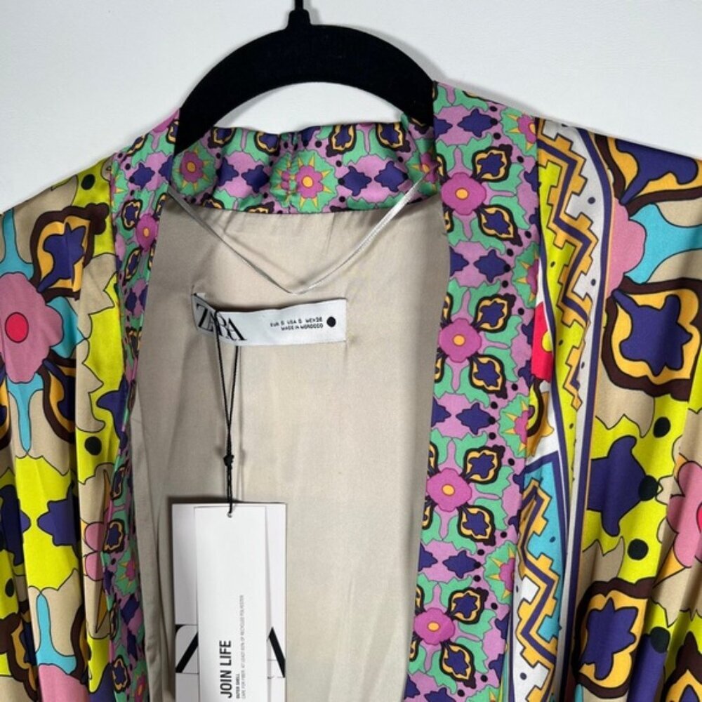 NWT ZARA KIMONO Multicolor Satin Tied Self Belt Slits Oversized 7753/032 Size‎ S - Picture 9 of 13